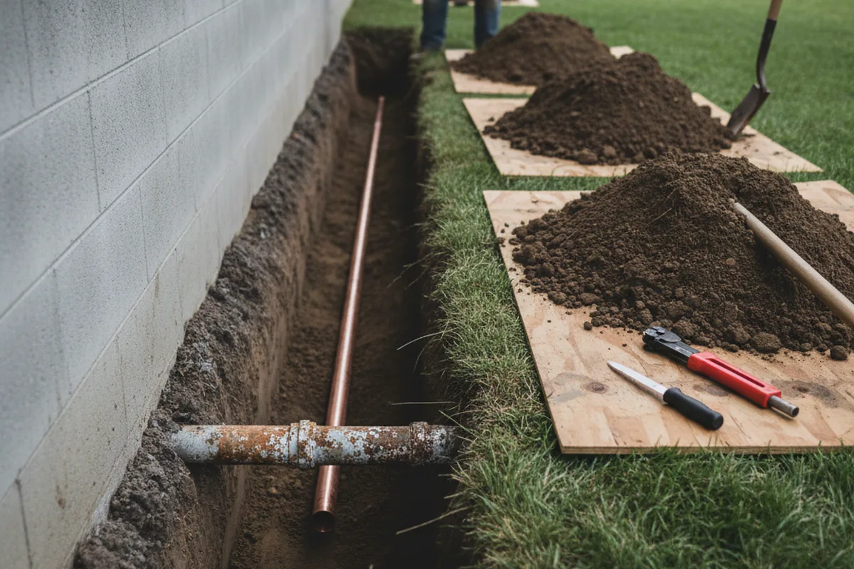 Excavated water line trench during Water Heater Repair in Leominster